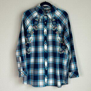 Tolani Collection Womens Button Up Blue White Plaid Shirt Floral Embroidery Sz S